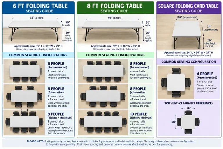 Folding table seating guide for 6 ft, 8 ft, and square card tables