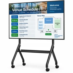 55-inch rolling TV and digital display on a mobile stand