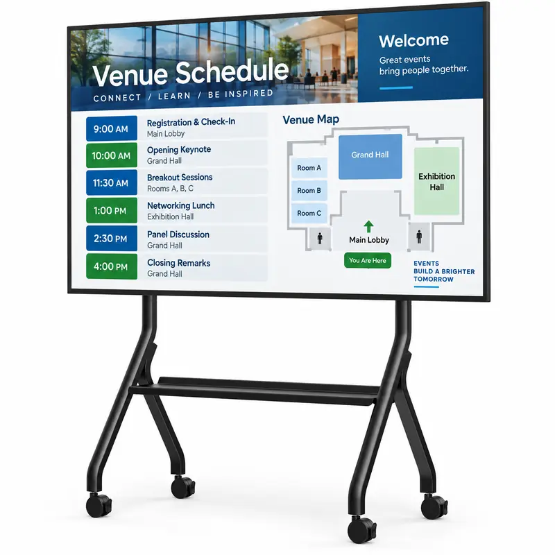 55-inch rolling TV and digital display on a mobile stand