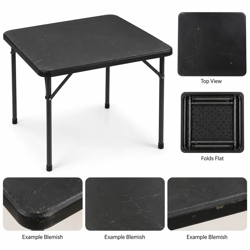 Basic black square folding card table showing example rental blemishes