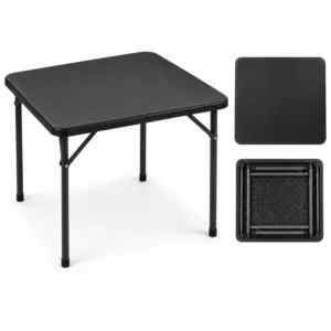 Square black card table shown folded for storage