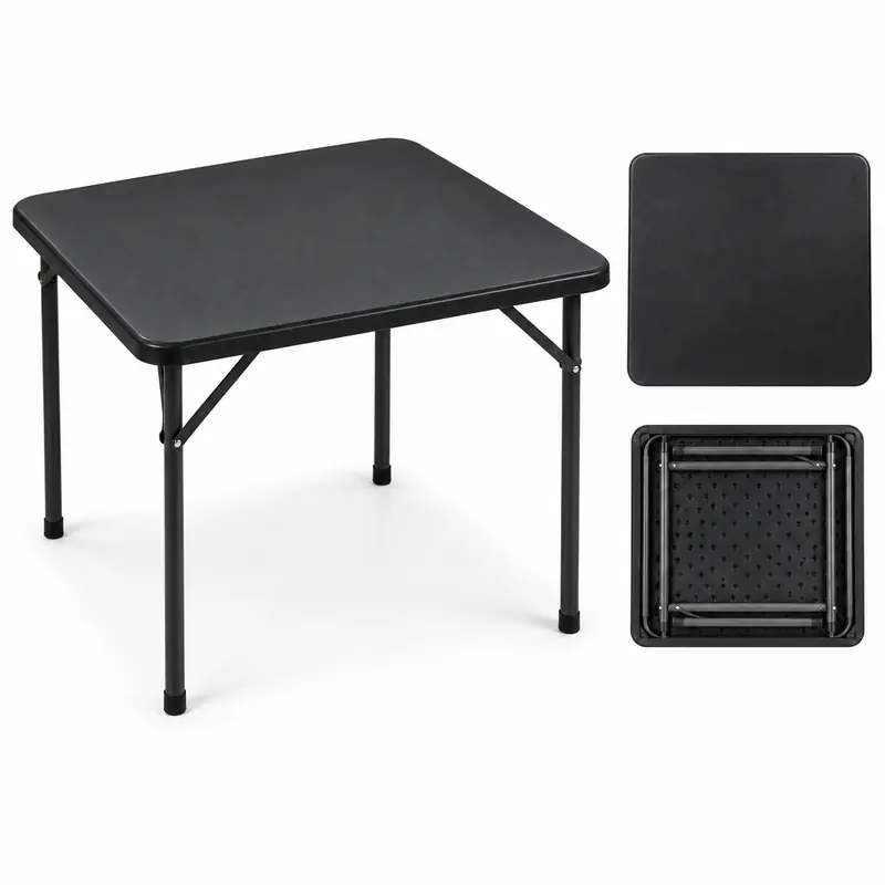 Square black card table shown folded for storage