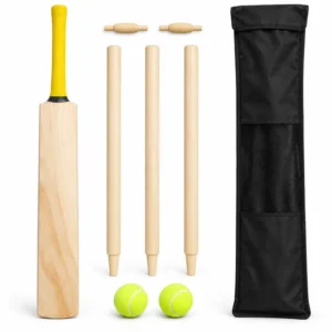 Casual backyard cricket set with wooden bat, stumps, bails, lightweight balls, and carry bag