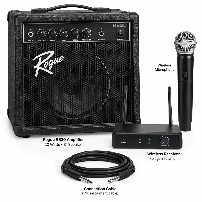 Portable PA system rental set with Rogue amplifier, wireless microphone, receiver, and cable