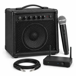 Portable PA system with wireless microphone, amplifier, receiver, and connection cable