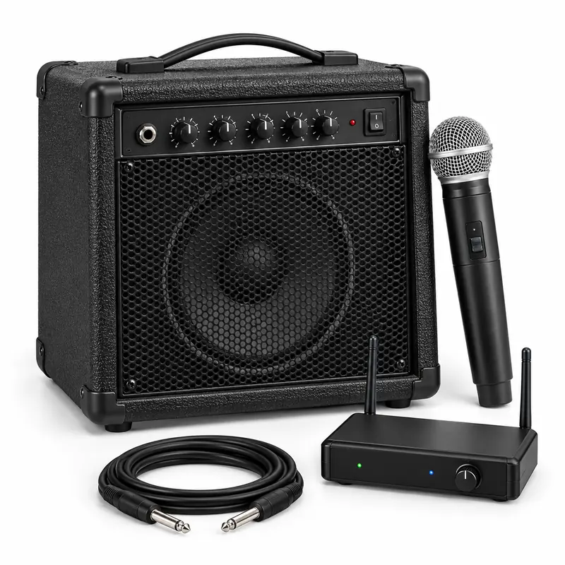 Portable PA system with wireless microphone, amplifier, receiver, and connection cable