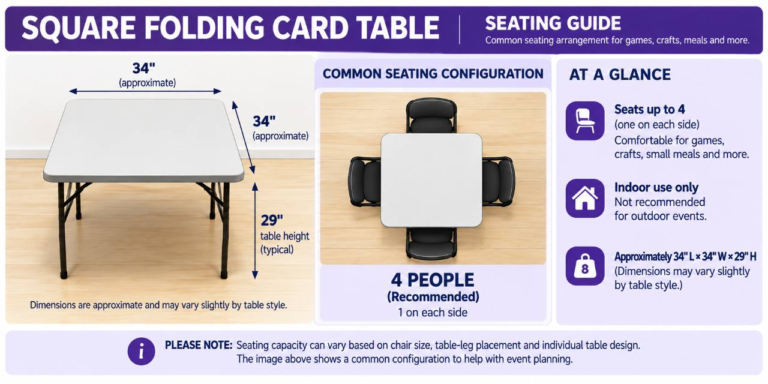 Square folding card table seating guide showing dimensions and seating for up to four people